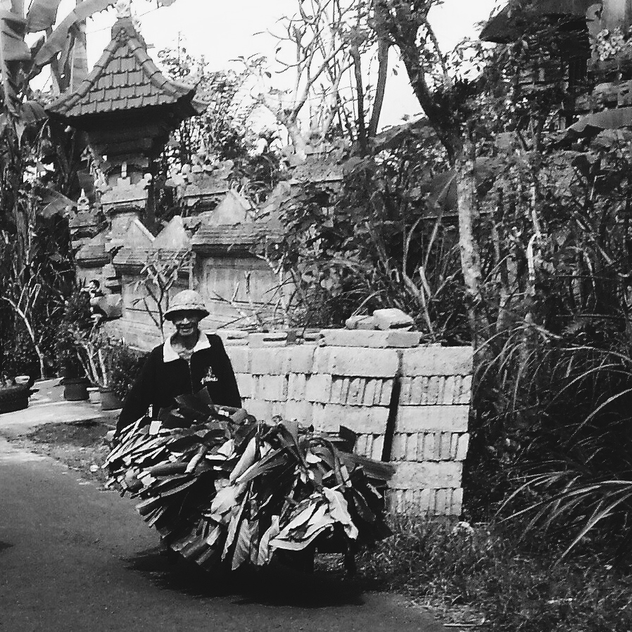 A farmer pushing a cart